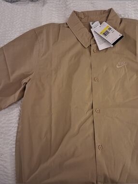 Nike Tan Short-Sleeve Button-Down Shirt with Embroidered Swoosh
